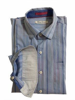 TOMMY BAHAMA MENS Blue Striped Cotton/Silk Coastal Preppy L/S B/D Shirt Medium